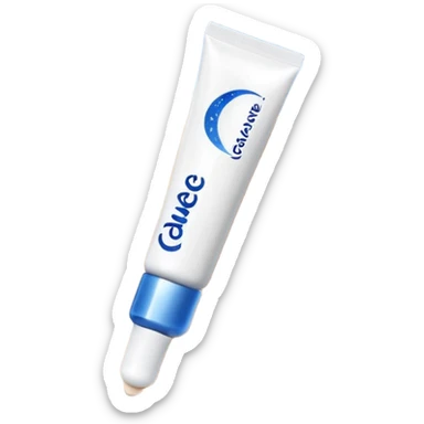 Small white CeraVe tube with blue label soft beige tip, with gentle light. Surrounded by tiny floating tear-shaped sparkles and crescent moon dust, hinting at dark circle repair. Emits a soothing blue-beige aura like a targeted eye revival spell. Compact, calming, and luminous — emoji-style. sticker