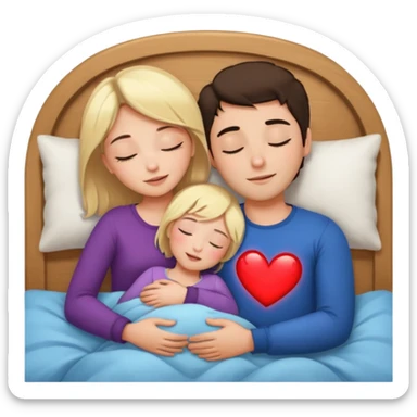 cuddling in bed, asleep. blonde girl. brunette man. eyes closed. heart between them. sticker