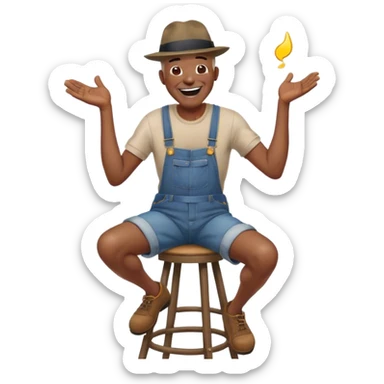 Side view Laughing telling story very Old bald black man sitting on stool wearing overalls and no shirt. he has a fedora on his head sticker