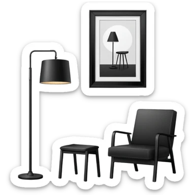 Minimalistic flat vector icon, iOS style, thin black contour on white background. Floor lamp and chair next to a framed picture on wall. Clean, no text, no shadows sticker