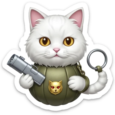 White cat holding a grenade sticker