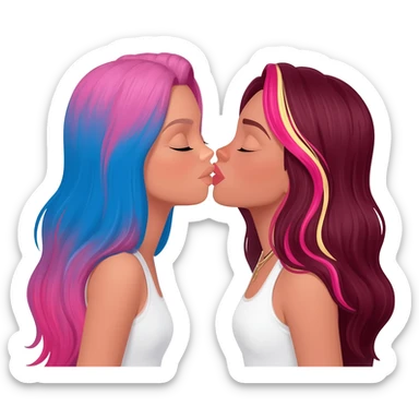 white, femme lesbians kissing, one has long blue and pink hair, the other has long burgundy hair with streaks of blonde and pink at the front sticker