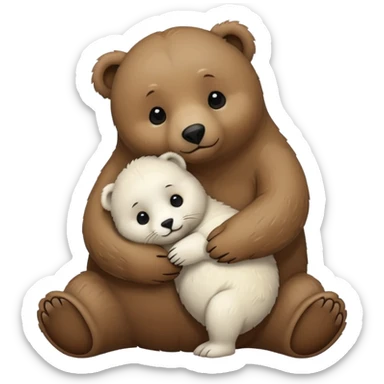 small white seal hugging a big brown bear sticker
