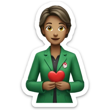 A European female teacher in a green jacket holds a heart in her hands sticker