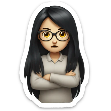 angry scowling white little girl, long black hair, wearing glasses, with arms crossed over chest. sticker