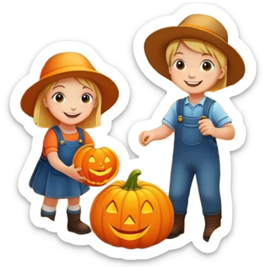 children picking pumpkins in a pumpkin patch, orange leaves, happy faces sticker