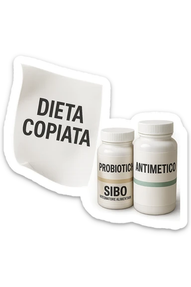 FOGLIO DI CARTA FLUTTUA IN ARIA CON LA SCRITTA "DIETA COPIATA", INSIEME A BARATTOLI DI INTEGRATORI PER CURARE IL SIBO IN ITALIANO, IPERREALISTICO 4K, NON DISEGNATO sticker