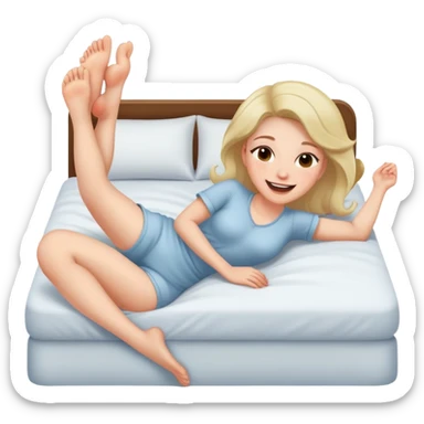 Women laying on her stomach on the bed, blushing and giggling with her feet up sticker
