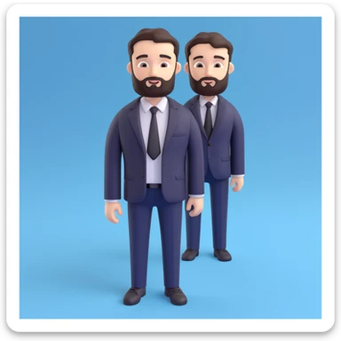 3D emoji style man with short dark hair and beard, wearing a black suit jacket and white shirt, standing in front of a blue background with a white laurel graphic sticker