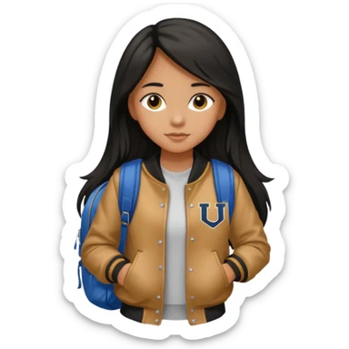 walk black long hair girl at university without backpack with varsity jacket sticker