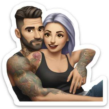 Hyper Realistic beautiful woman in the arms of a very handsome tattooed man on a sofa sticker