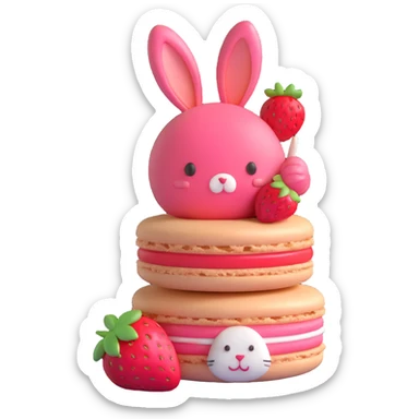 A 3D macaron with a strawberry on top and a bunny peeking out, monochromatic colors sticker