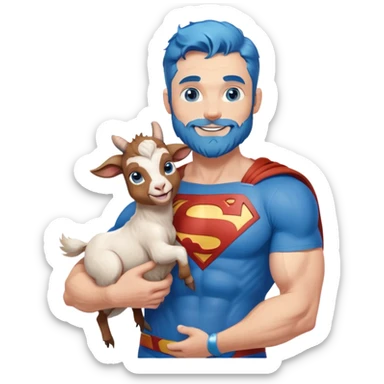 Full body Adult size Superman Blue Eyes Scruffy Redish and light Brown trimmed Beard Muscle happy holding a blue haired happy baby goat sticker