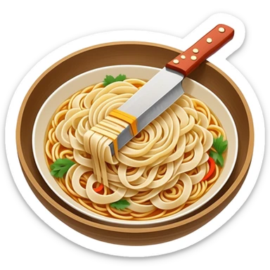 Shanxi knife-cut noodles with irregular thick shape being sliced, simplified emoji style with bold outlines and bright colors, cartoon style traditional Dao Xiao Mian sticker