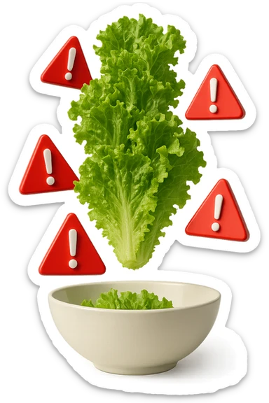 insalata che cade verticalmente in una bowl bianca insieme a segnali triangolari di pericolo con punti esclamativi rossi in 3d, iperrealistica 4k sticker