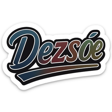 Dezső name in masculine, modern gradient font with dark contour, prominent and clearly visible white border like the sample image, dynamic slanted underline, masculine color shades (blue, gray, burgundy, green, brown), 1000x1000 px, PNG, transparent background, in the style of the uploaded Dezső sample, with an alternative solution if the long ő letter is not available. sticker