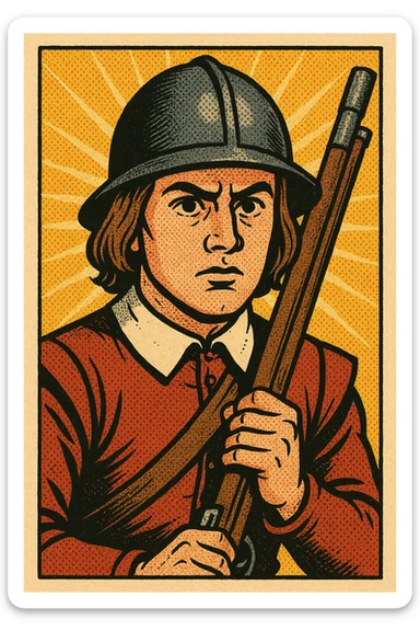 A young English roundhead soldier from the 1600s with a musket facing forward - face on sticker