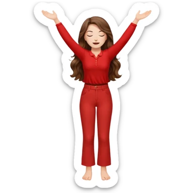 crie uma menina branca com cabelos castanhos longos ondulados, uma roupa de calça e blusa de manga curta na cor vermelho, com braços juntos para cima, olhos fechados e perna levantada. a manga é curta mostra os braços sticker