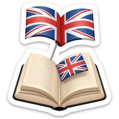 Minimalistic flat vector icon, iOS style, thin black contour on white background. Open book with a small UK/USA flag symbol. No text, no shadows. sticker