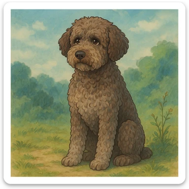 illustration of a roan Lagotto Romagnolo dog, sitting, soft background, ghibli style sticker