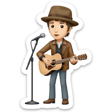 Icon for Folk Music: Bob Dylan with his harmonica and acoustic guitar, performing with his band on stage. The atmosphere should be intimate and nostalgic, capturing the soul of folk music with simple instruments and natural vibes. Transparent background. sticker