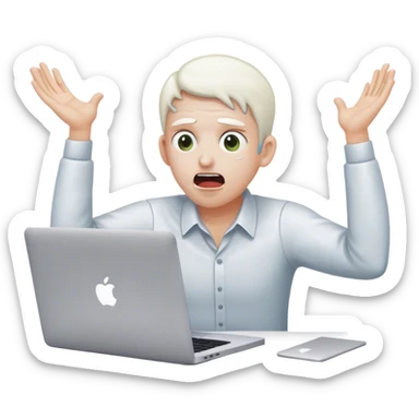 An overwhelmed office worker at a MacBook, eyes wide open, mouth agape, sweat drops flying, hands on head in panic, with white skin sticker