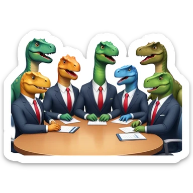 office dinosaurs sitting along the conference table sticker