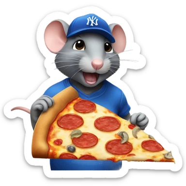 rat wearing blue New York yankee cap while eating a big pizza sticker