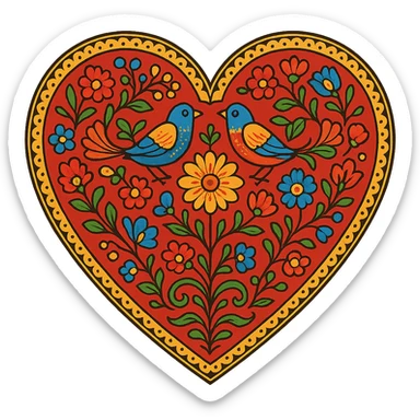 red heart with Slavic folk art nature motif, bright folk colors, stylized flowers, birds, and vines, ornate, border around heart sticker