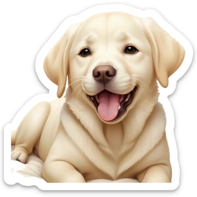 Cinematic Cute Yawning Cream Labrador Portrait Emoji, Head tilted slightly with a dramatic, wide-open yawn, showcasing a smooth cream Fur with a subtle shimmer, floppy ears slightly drooping, round warm eyes barely open in drowsy contentment, Simplified yet irresistibly adorable features, highly detailed, glowing with a soft, cozy glow, high shine, relaxed yet expressive, stylized with a touch of whimsy, bright and endearing, soft glowing outline, capturing the essence of a sleepy yet affectionate companion, so drowsy it feels like it could stretch out of the screen and curl up for a nap! sticker