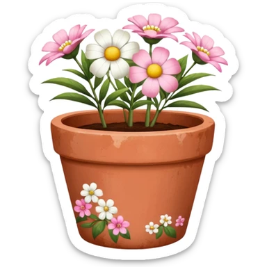 plant pot in terra cota with white and pink flowers print painted sticker