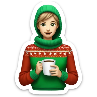 Light brown short haired girl with green eyes drinking coffee wearing blue Christmas sweater sticker