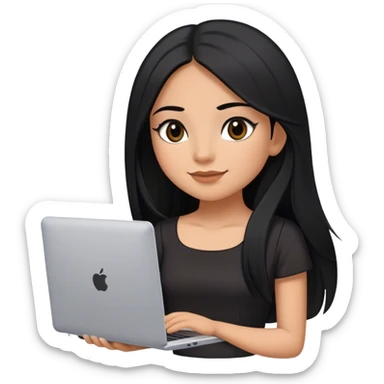 beautiful girl, with long straight black hair, with light make up, black eye liner, little smile, mexican, brown skin, with laptop, wearing litlle black dress, she stand up sticker