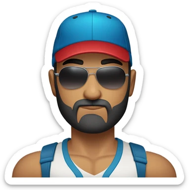 Bald Mexican young man with round face a dark beard baseball cap and dark cool sunglasses looking tough huge muscles sticker