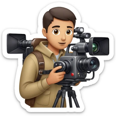 A cameraman holding a professional camera, capturing footage with a focused expression, moving carefully to get the perfect shot, surrounded by equipment and lights on a film set sticker