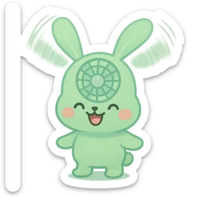 electric fan bunny with spinning ear blades, cheerful expression, pastel green, full-body sticker