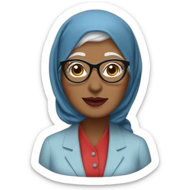 Hijabi white grandma with glasses and brown eyes wearing a blue suit and red lipstick sticker