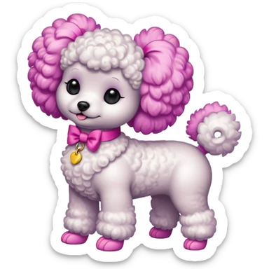 Two white toy poodle–style dogs, fluffy curly fur, round faces, black button eyes. Bright purple ears, hot-pink paws. One taller dog standing upright on hind legs wearing a large pastel pink bow on chest, one smaller round dog sitting. Cute plush emoji style. sticker