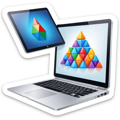 Professional icon for Graphic Design: a laptop with Photoshop open on the screen, displaying geometric shapes like spheres, cubes, and pyramids, along with a stylus. The icon should reflect the creative process in graphic design. Transparent background. sticker