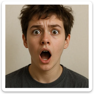 realistic portrait of a young person with short tousled brown hair, light skin, surprised expression, inspired by the reference image sticker