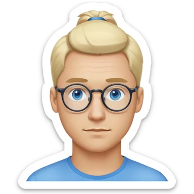 Man with blonde ponytail, round glasses and blue eye sticker