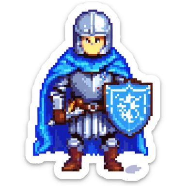 pixel art knight with blue cape, holding a gray iron sword and a blue iron shield sticker