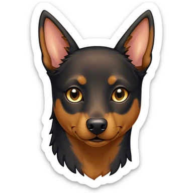 Cinematic Noble Black and Tan Kelpie Portrait Emoji, Poised and regal, with a strong, agile build and a glossy, well-groomed Fur of deep black and tan accents, piercing dark eyes, Simplified yet sharp and sophisticated features, highly detailed, glowing with a soft, dignified glow, high shine, intelligent and energetic, stylized with an air of determination, focused and attentive, soft glowing outline, capturing the essence of a watchful and confident herder, so majestic it feels as though it could bound out of the screen with effortless authority! sticker