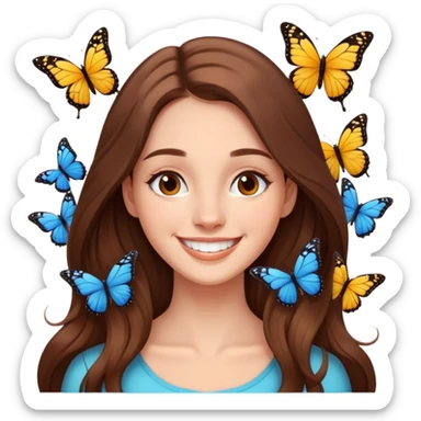 Smiling Face surrounded by butterflies and long brown hair  sticker