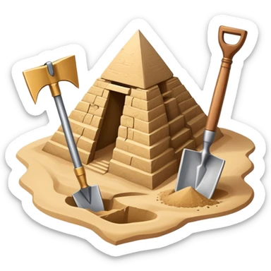 An icon showing archaeological tools like a trowel, brush, and pickaxe placed on sandy ground, with an Egyptian pyramid in the background. The design symbolizes excavation and discovery of ancient history, blending tools and iconic landmarks. Transparent background. sticker