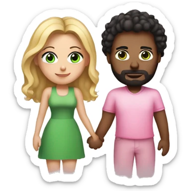 Curvy woman with long blonde hair and green eyes wearing a pink dress holding hands with a tall brown man with dark short curly hair and glasses sticker