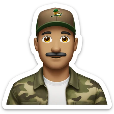 Man with brown hair, brown thin mustache, with a baseball hat on and duck camo shirt sticker