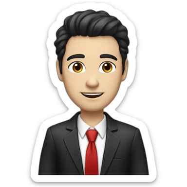 man white skin, black hair, brown eyes, black jacket with red tie. speek with client sticker