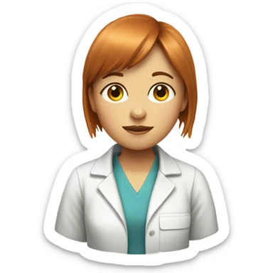 A readhead girl with bangs wearing a lab suit sticker