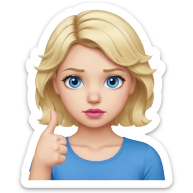 Girl Blonde short wavy hair,  blue eyes, cute blue top, long lashes, pink lips, showing thumbs down 👎  sticker